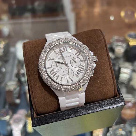 Michael Kors White Ceramic Crystal Watch - Picture 1 of 4